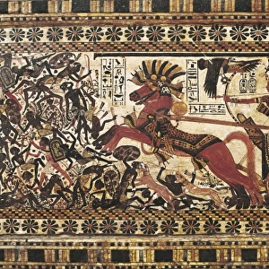 Painted chest depicting a king on his chariot