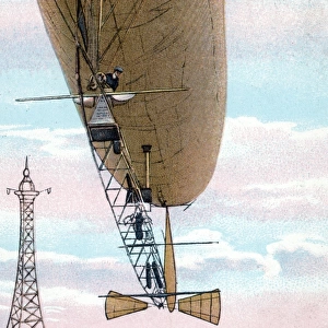 Painting of Santos-Dumont Airship No6 rounding Eiffel Tower
