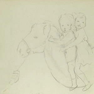 Pencil sketch of two children on horseback