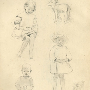 Pencil sketches of children and lamb