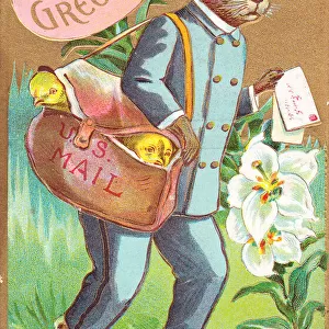 Rabbit postman delivering chicks on an Easter postcard