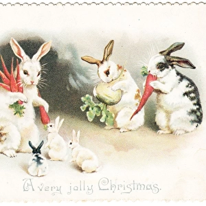 Rabbits with carrots on a Christmas card