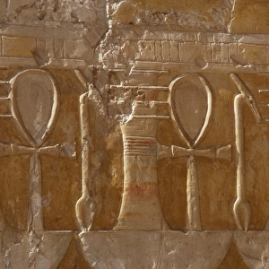 Reliefs depicting the ankh, uady and djed pillar. Deir el-Ba