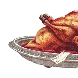 Roast turkey on a plate on a cutout Christmas card