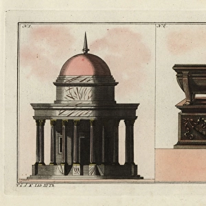 Roman temple with dome and columns, and Roman bath