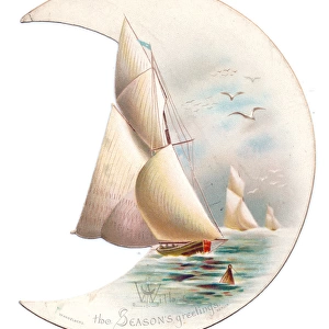 Sailing ships on a crescent-shaped Christmas card