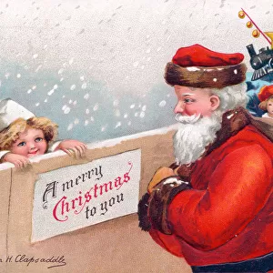 Santa Claus delivering presents on a Christmas postcard