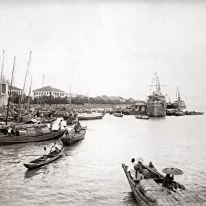 Ships on the wharves at Hankow, China circa 1890s. Date: circa 1890s