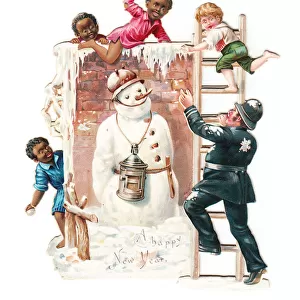 Snowman, policeman and boys on a cutout New Year card