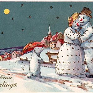Snowman and snow woman on a Christmas postcard