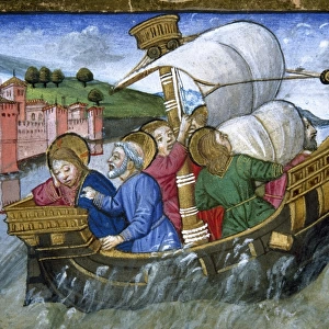 Storm on the Sea of Tiberias. Jesus tells his disciples not