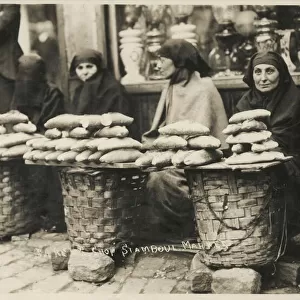 Street Bread sellers outside the Bakers shop - Istanbul Market - Istanbul, Turkey. Date: 1922