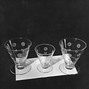 Stylish engraved glassware. Date: 1930s