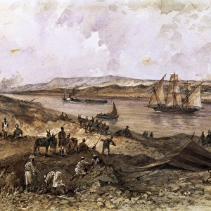 Suez Canal. Egypt. Watercolor by Riou