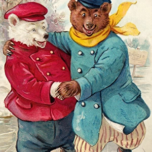 Two teddy bears skating on a Christmas postcard