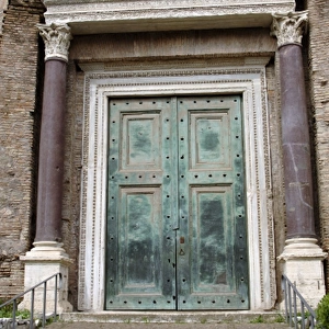 Temple of Romulus. Bronze door. Roman Forum. Rome. Italy