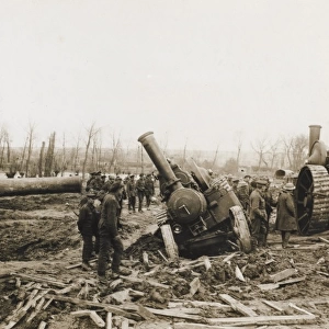 Tractor stuck in mud while pulling heavy gun, France, WW1