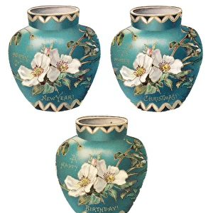 Turquoise pots with white flowers on three cutout cards