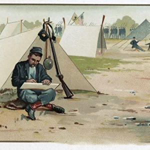 Union soldier making a drawing while sitting in front of ten