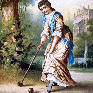 Victorian silk birthday card, Woman playing Croquet