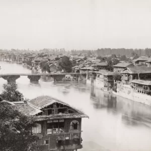 Vintage 19th century photograph: wooden bridge over the River Jhelum, Srinagar