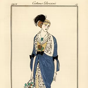 Woman in evening gown of ash blue satin with Irish lace