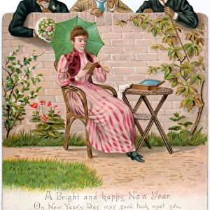 Woman reading on a reversible New Year card