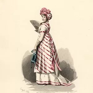 Woman in white dress with pink trim, striped apron