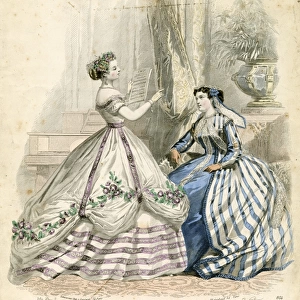 Two women in crinoline dresses