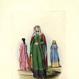 Women in long sleeved dresses, long mantles