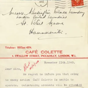 WW2 Memorabilia - Damaged Cafe informing suppliers