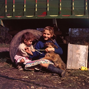Two young gipsy girls with a dog, Charlwood, Surrey