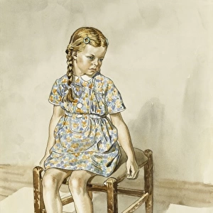 Young girl sitting on stool