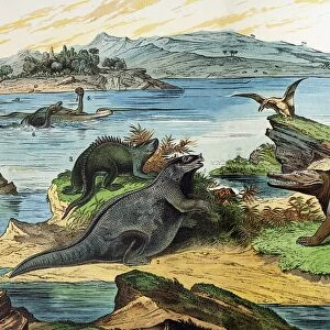 1888 colour litho of Jurassic dinosaurs