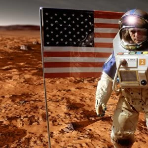 Astronaut on Mars with US flag, artwork