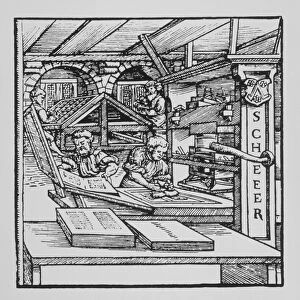 Engraving of a 16th century printing press