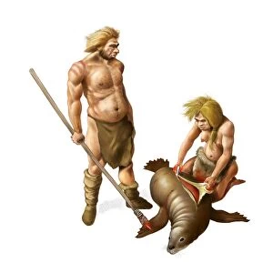 Neanderthal couple hunting, artwork