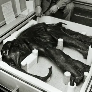 Scientist examining carcass of baby mammoth