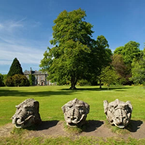 England. Northumberland, Wallington Hall. Carved stone dragon heads in the gardens of Wallington Hall, a National Trust property located in the north