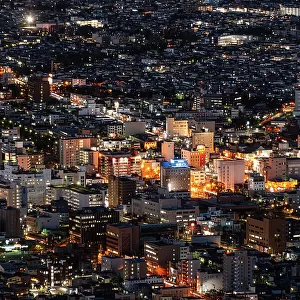 Aerial of city centre skyline at night, Hakodate, Hokkaido, Japan, Asia