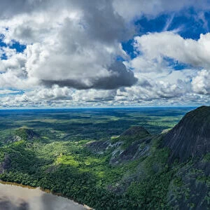 Aerial of the huge granite hills, Cerros de Mavecure, Eastern Colombia, South America