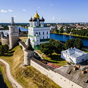 Aerial of the Kremlin and the Trinity Cathedral in Pskov, UNESCO World Heritage Site