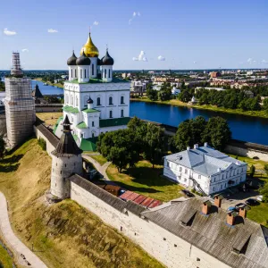 Aerial of the Kremlin and the Trinity Cathedral in Pskov, UNESCO World Heritage Site