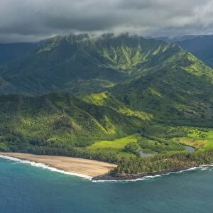 Aerial of the north shore of the island of Kauai, Hawaii, United States of America, Pacific