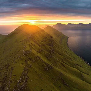 Aerial panoramic view of Funningur fjord at sunrise, Eysturoy Island, Faroe Islands, Denmark, Europe