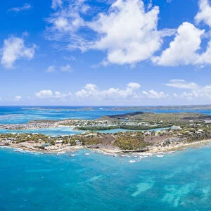 Aerial panoramicby drone of Long Bay, Devils Bridge and The Verandah resort, Antigua