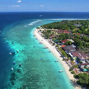 Aerial view of Gili Trawangan beach with boats anchored in the ocean, Gili Trawangan, Gili Islands archipelago, Lombok, West Nusa Tenggara, Indian Ocean, Indonesia, Southeast Asia, Asia