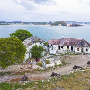 Aerial view of ruins of buildings at Fort James, St. Johns, Antigua and Barbuda