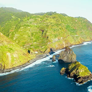 Aerial view of sea stack rocks of Ilheus da Rib and Ribeira da Janela and coastline