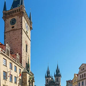 Astronomical clock and Tyn Church at Old Town Square, UNESCO World Heritage Site, Prague, Bohemia, Czech Republic (Czechia), Europe
